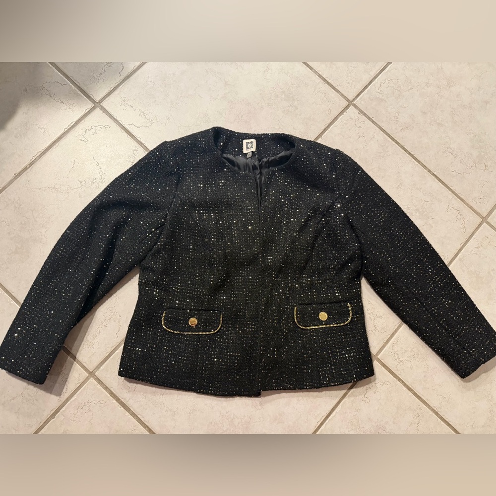Anne Klein Women’s Black Tweed Lined Open Front Jacket With Gold Sparkle Size L